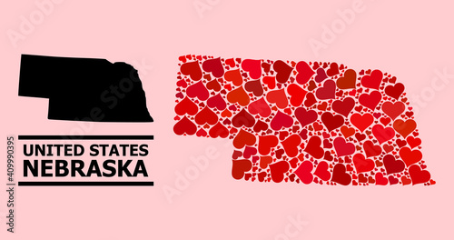 Love collage and solid map of Nebraska State on a pink background. Collage map of Nebraska State designed with red love hearts. Vector flat illustration for marriage conceptual illustrations.