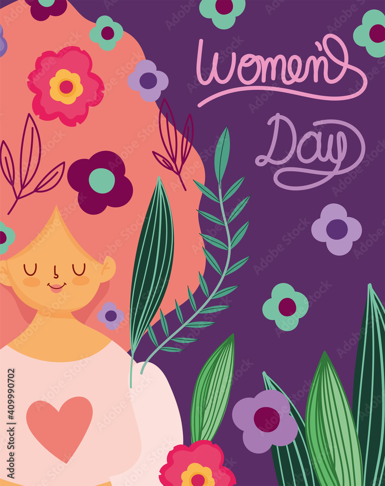 womens day cute woman flowers and leaves in hair decoration cartoon
