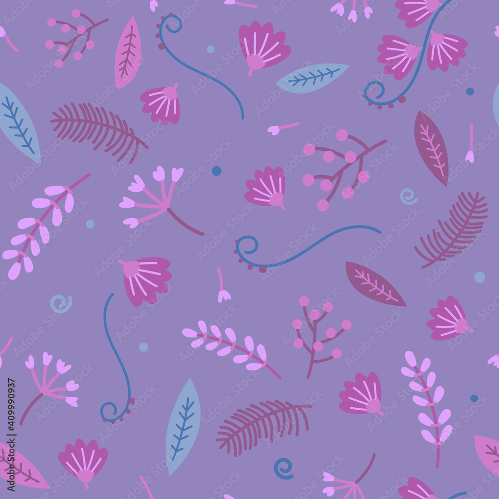 Seamless pattern of purple, pink handdrown flowers and blue, gray leafs and plants on dark violet  background. Vector illustration.
