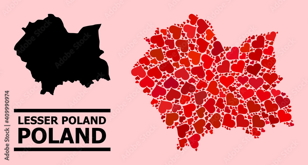 Love collage and solid map of Lesser Poland Province on a pink background. Mosaic map of Lesser Poland Province formed with red lovely hearts. Vector flat illustration for love abstract illustrations.