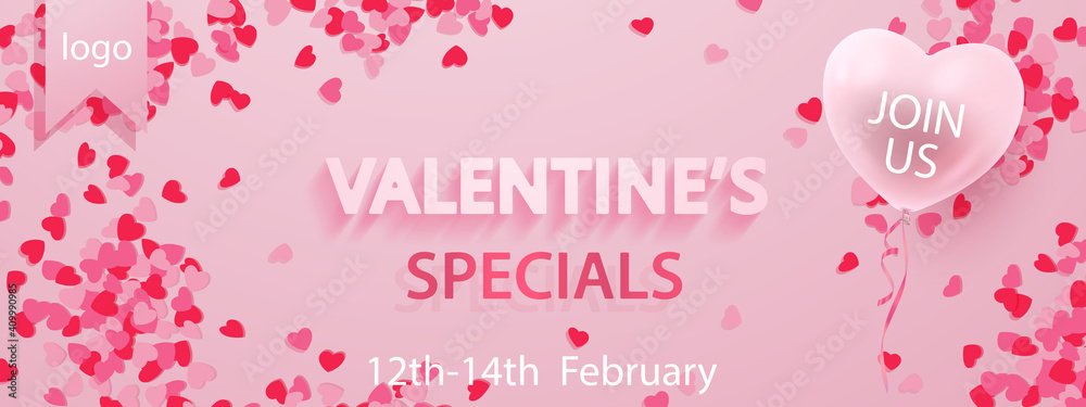 Fototapeta Banner for Happy Valentine's Day specials, place for logo, with ballon, red, pink hearts confetti and 3d text on pink background. Vector Holiday illustration for decor, design, arts, advertising.