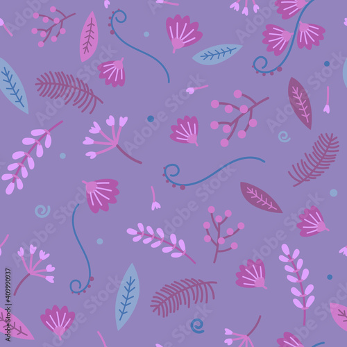 Seamless pattern of purple  pink handdrown flowers and blue  gray leafs and plants on dark violet  background. Vector illustration.