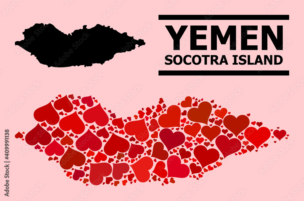 Love mosaic and solid map of Socotra Island on a pink background. Mosaic map of Socotra Island composed from red lovely hearts. Vector flat illustration for love abstract illustrations.
