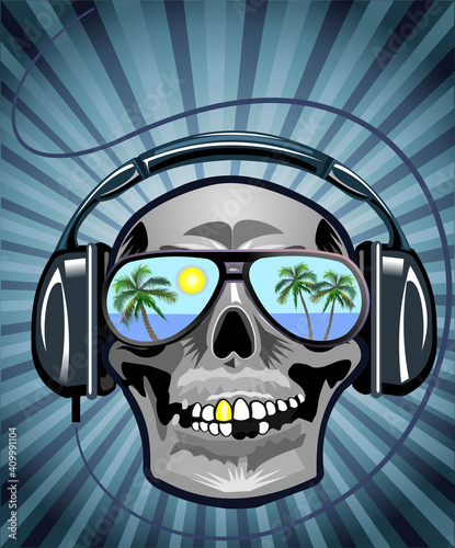 Human skull wearing a colorful sunglasses in the beach