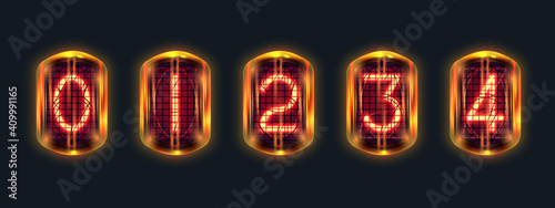 Set of retro neon numbers from red lamps in-12, nixie tube indicator, lamp gas-discharge indicator, warm light, in glass with yellow lighting on dark background. Vector steampunk illustration.