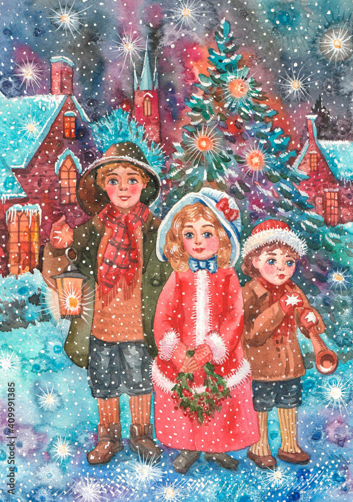 Christmas song, children in the winter city on Christmas night with Christmas songs, art watercolor, Christmas card