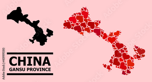 Love mosaic and solid map of Gansu Province on a pink background. Mosaic map of Gansu Province is composed with red love hearts. Vector flat illustration for dating concept illustrations.