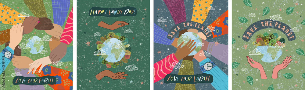 Happy Earth Day! Vector eco illustrations for social poster, banner or card on the theme of saving the planet, human hands protect our earth. Make an everyday earth day - obrazy, fototapety, plakaty 