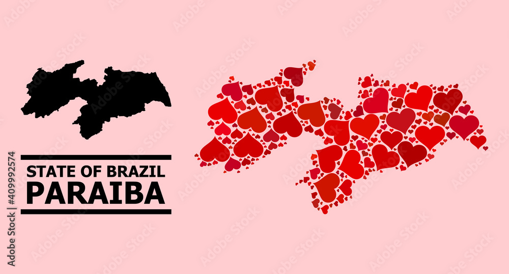 Love collage and solid map of Paraiba State on a pink background. Mosaic map of Paraiba State is formed with red love hearts. Vector flat illustration for marriage concept illustrations.
