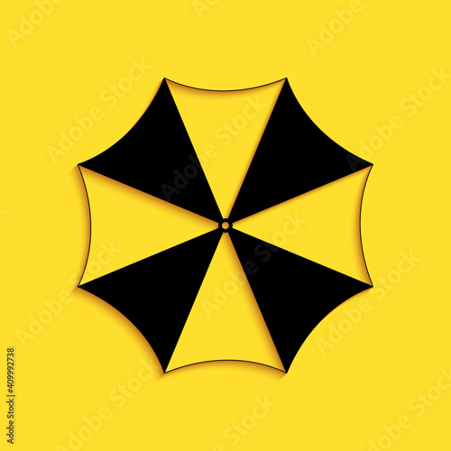 Black Sun protective umbrella fo beach icon isolated on yellow background. Large parasol for outdoor space. Summer vacation or picnic accessory. Long shadow style. Vector.