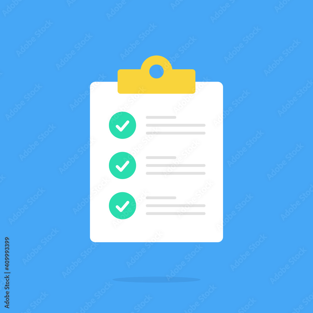 Checklist icon. Clipboard with checklist and check marks. Flat design. Vector icon
