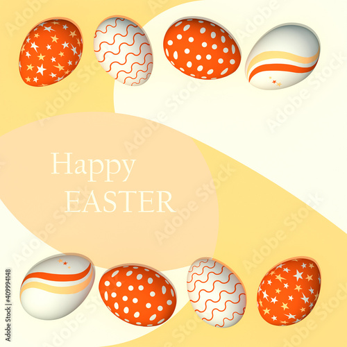 Painted white easter eggs on a beige yellow background