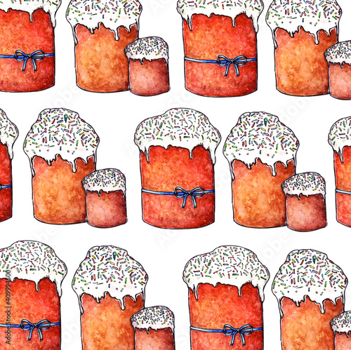 Hand drew vector illustration. Easter cake or Easter sweet bread or Pascha isolated. Panettone cake. Easter food. Traditional orthodox food. Seamless pattern. Holiday ornament
