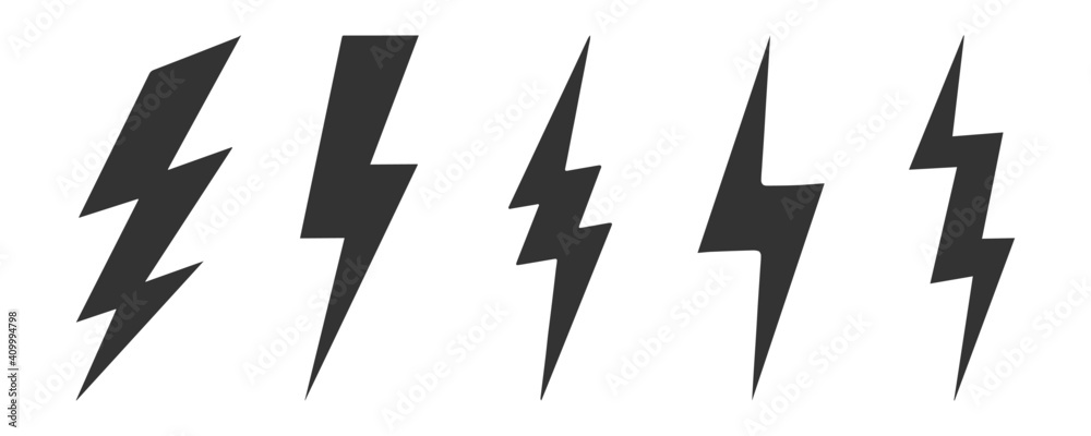 Black lightning bolt icon set vector