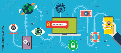 Privacy, protection and data security in internet. Technology and digital security, identity protection.Icon design in vector of webcam, computer, eye, lock, laptop, safe box in blue background.