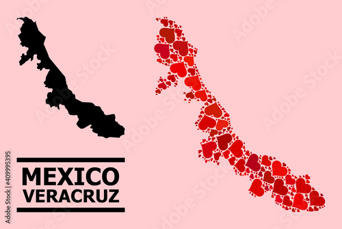 Love collage and solid map of Veracruz State on a pink background. Collage map of Veracruz State is composed with red lovely hearts. Vector flat illustration for love conceptual illustrations.