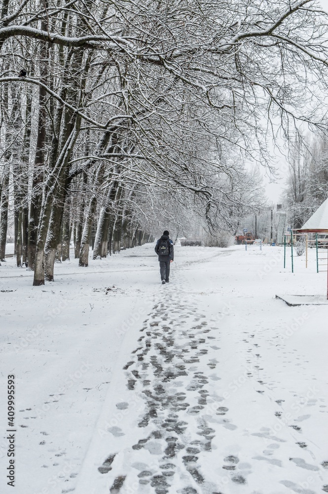 Winter city landscape with tall trees, footprints and a lone man Winter city landscape with tall trees, footprints and a lone man