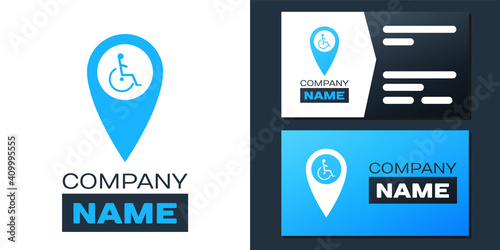 Logotype Disabled Handicap in map pointer icon isolated on white background. Invalid symbol. Wheelchair handicap sign. Logo design template element. Vector.