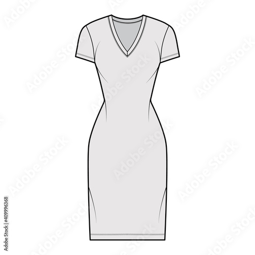 T-shirt dress technical fashion illustration with V-neck, short sleeves, knee length, fitted body, Pencil fullness. Flat apparel template front, grey color. Women, men, unisex CAD mockup