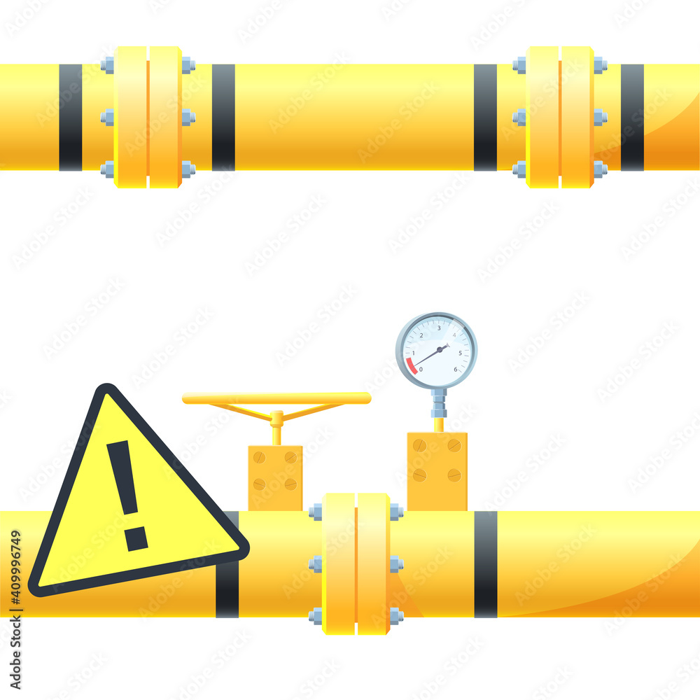 Vector illustration of a gas pipe with a vent and a pressure gauge. Connections between pipes