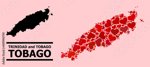 Love pattern and solid map of Tobago Island on a pink background. Collage map of Tobago Island designed with red love hearts. Vector flat illustration for love conceptual illustrations.
