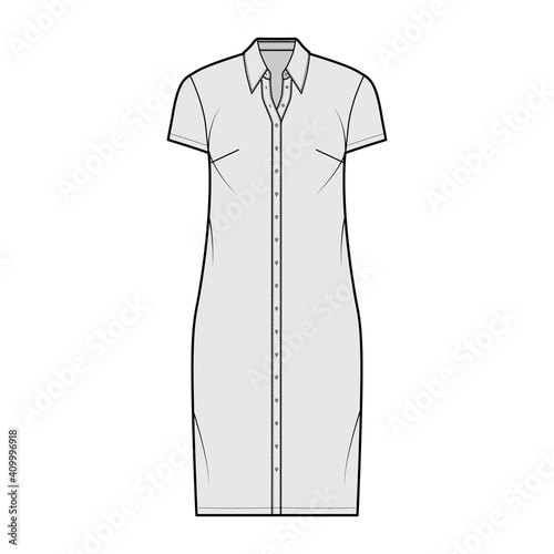 Shirt dress technical fashion illustration with classic regular collar, knee length, oversized body, short sleeves, button up. Flat apparel template front, grey color. Women, men, unisex CAD mockup
