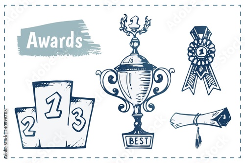 Winning award, trophy and podium vector hand drawn illustration. Set of cup, badge and certificate sketch doodles