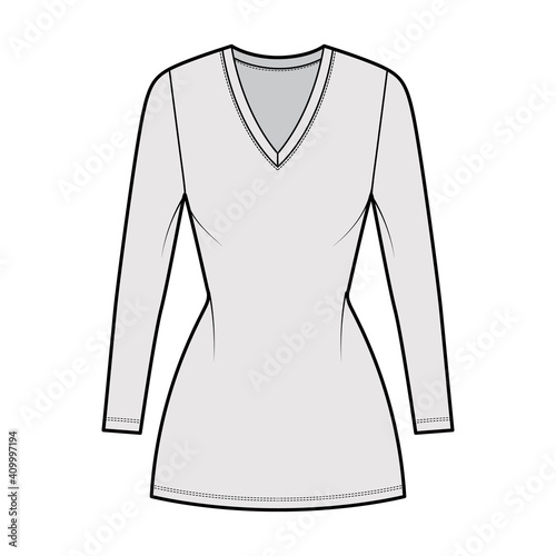T-shirt dress technical fashion illustration with V-neck, long sleeves, mini length, fitted body, Pencil fullness. Flat apparel template front, grey color. Women, men, unisex CAD mockup
