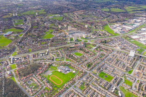 Aerial photo of the housing estates and suburban area of the town of Swarcliffe in Leeds West Yorkshire in the UK photo