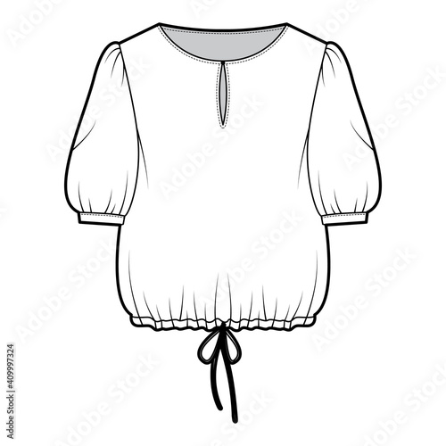 Blouse cropped drawstring technical fashion illustration with scoop neck, elbow sleeves, slashed button opening, oversized. Flat blouse template front, white color. Women unisex top CAD mockup