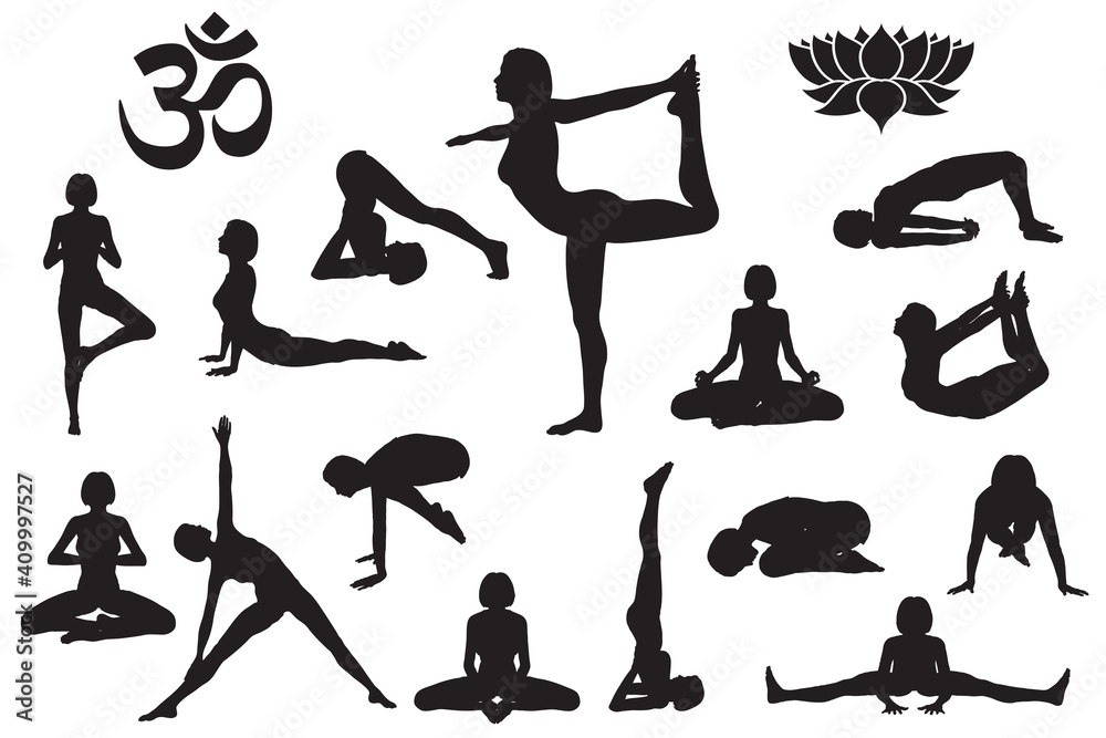Silhouettes of girl in yoga poses