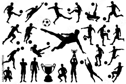 Foto Silhouettes soccer player with ball and trophy cup
