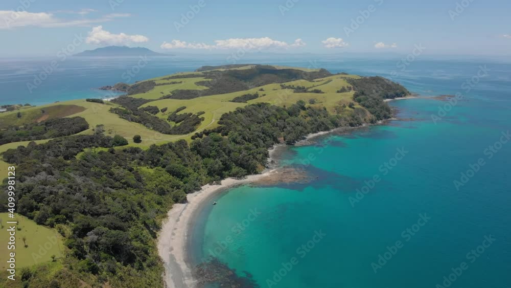 Aerial: Sweeping view of Tawharanui peninsula Aerial: Sweeping view of Tawharanui peninsula