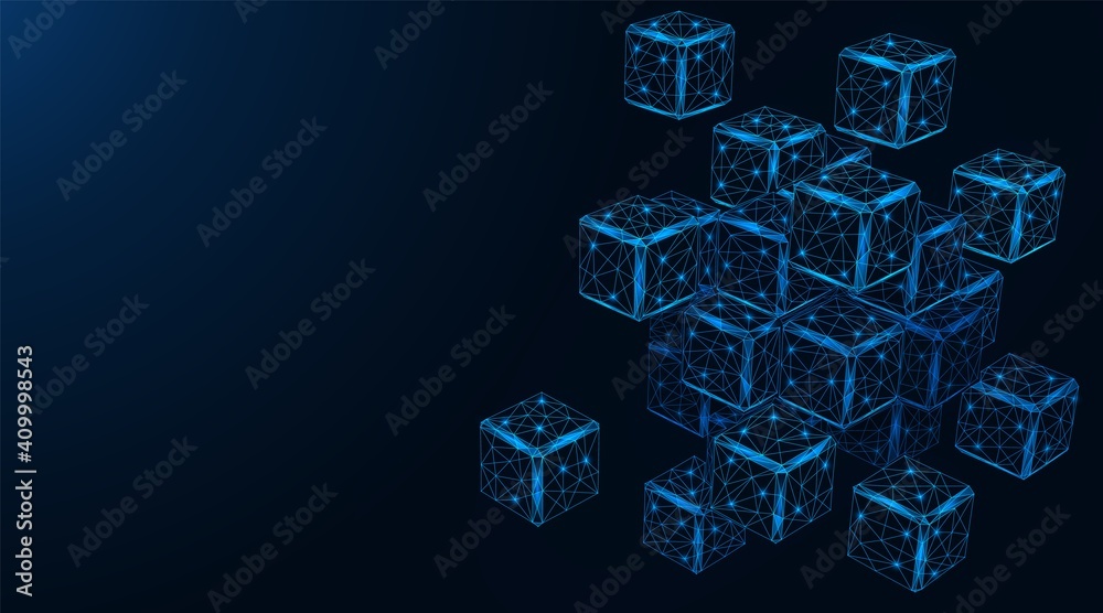 The technology of blockchain, the blocks containing information. Distribution of the database. Polygonal construction of concatenated lines and points. Blue background.
