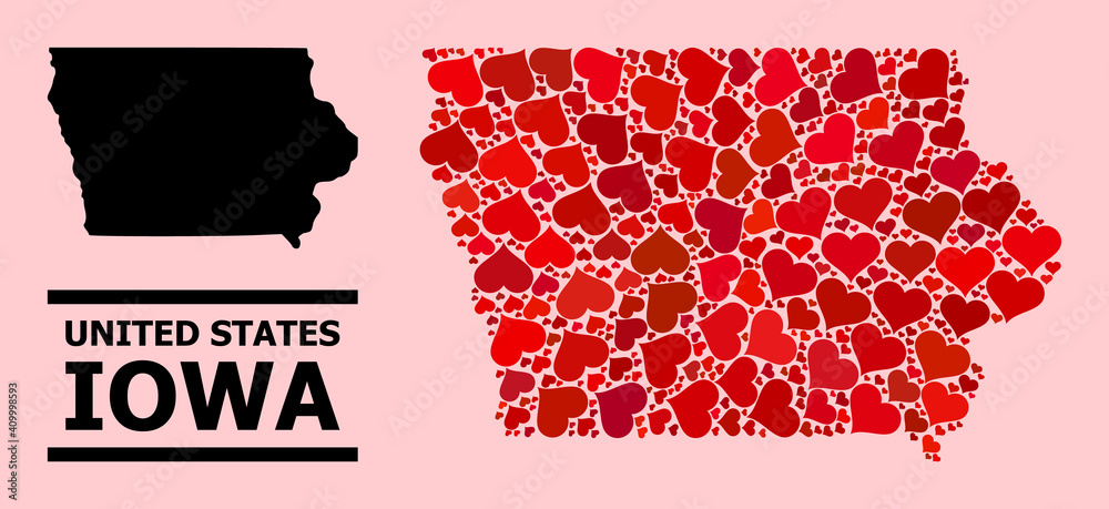 Love pattern and solid map of Iowa State on a pink background. Mosaic map of Iowa State composed from red love hearts. Vector flat illustration for love conceptual illustrations.