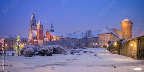 Wallpaper Mural Illuminated Christmas tree on snow at night, Wawel cathedral and castle, Krakow, Poland Torontodigital.ca