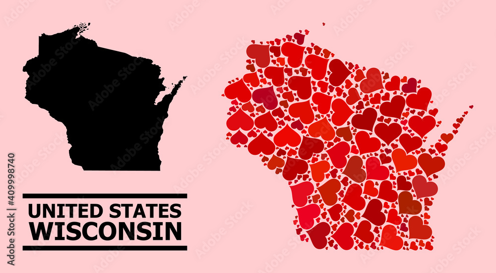 Love mosaic and solid map of Wisconsin State on a pink background. Collage map of Wisconsin State created with red lovely hearts. Vector flat illustration for love abstract illustrations.