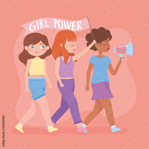 womens day, young women with megaphone activists cartoon