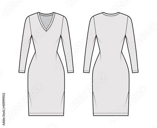 T-shirt dress technical fashion illustration with V-neck, long sleeves, knee length, fitted body, Pencil fullness. Flat apparel template front, back, grey color. Women, men, unisex CAD mockup