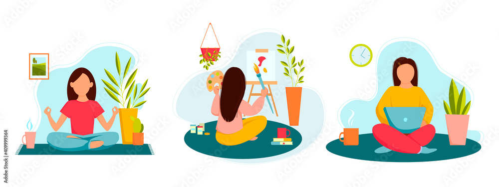 The girl on a white background, engaged in yoga. The girl is sitting on the floor with a laptop. The woman draws on the easel. Set of three girls in a flat style. Home hobby concept. Character design
