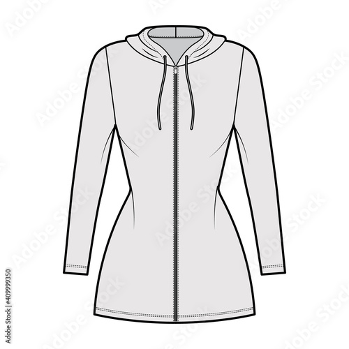 Hoodie zip-up dress technical fashion illustration with long sleeves, mini length, fitted body, Pencil fullness. Flat apparel template front, grey color. Women, men, unisex CAD mockup