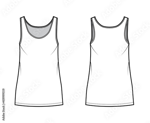 Tank dress technical fashion illustration with scoop neck, straps, mini length, oversized body, Pencil fullness. Flat apparel template front, back, white color. Women, men, unisex CAD mockup
