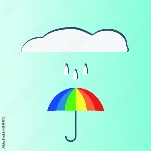 Vector illustration depicting cloudy and rainy weather. and a rainbow-colored umbrella
