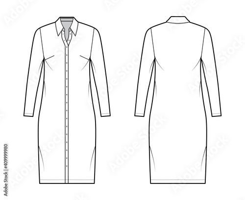 Shirt dress technical fashion illustration with classic regular collar, knee length, oversized, Pencil fullness, button up. Flat apparel template front, back, white color. Women, men unisex CAD mockup