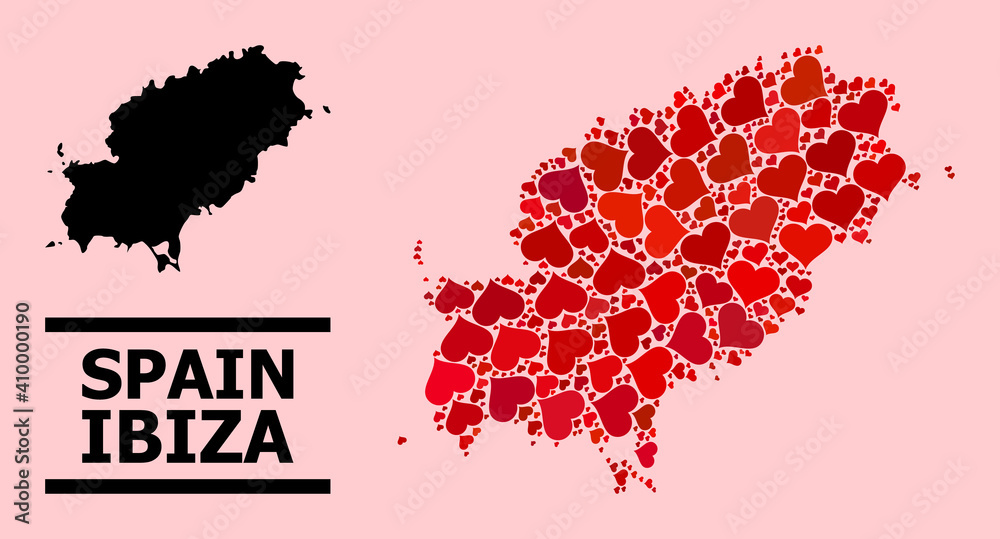 Love collage and solid map of Ibiza Island on a pink background. Collage map of Ibiza Island designed with red love hearts. Vector flat illustration for love abstract illustrations.