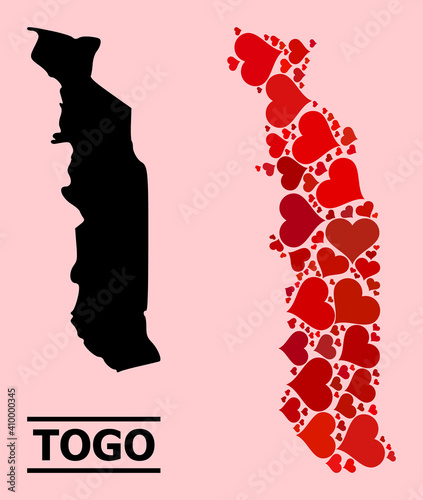 Love collage and solid map of Togo on a pink background. Collage map of Togo is formed from red love hearts. Vector flat illustration for dating abstract illustrations.