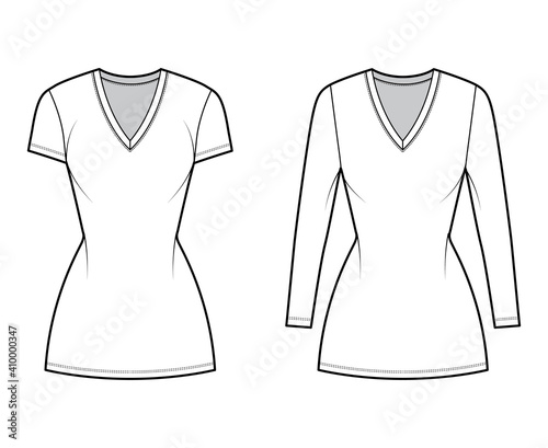 T-shirt dress technical fashion illustration with V-neck, long, short sleeves, mini length, fitted body, Pencil fullness. Flat apparel template front, white color. Women, men, unisex CAD mockup