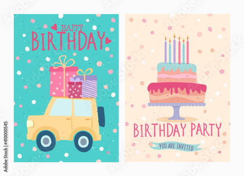 Set of Happy birthday card and party invitation with cute car and cake with candles