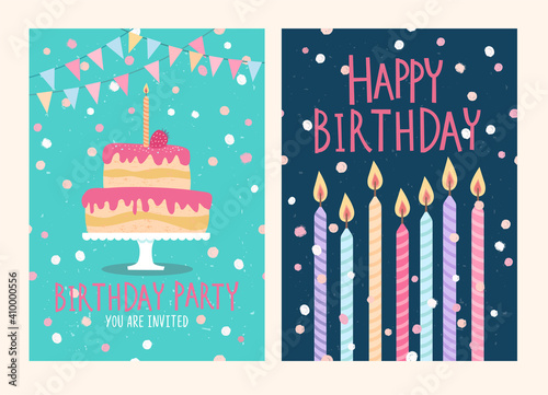 Set of Happy birthday card and party invitation with cake and candles