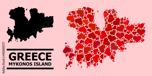Love mosaic and solid map of Mykonos Island on a pink background. Mosaic map of Mykonos Island created with red love hearts. Vector flat illustration for love conceptual illustrations.